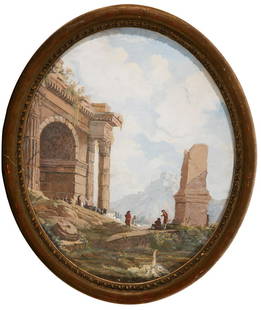 French school; century XVIII. "Landscape". Oil on board.: French school; 18th century. "Landscape. Oil on panel. Size: 36 x 30 cm; 40 x 34,5 cm (frame). Oval landscape clearly inspired by the romantic school, with monumental and solemn classical ruins