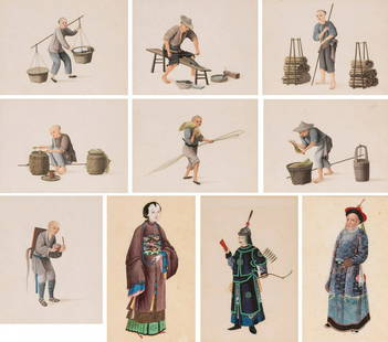 Chinese School, early 19th century. Ink and gouache on paper.: Chinese school, early 19th century. Ink and gouache on paper. Measurements: 29 x 17 cm; 49 x 33,54 cm. Set of ten works made in ink and gouache on paper that represent in each of the scenes a