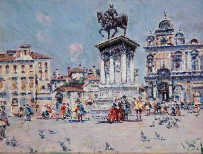 ANTONIO REYNA MANESCAU (CoÃ­n, MÃ¡laga, 1859 â€“ Rome, 1937). Colleoni Monument, Venice. Oil on: ANTONIO REYNA MANESCAU (CoÃ­n, MÃ¡laga, 1859 - Rome, 1937). "Colleoni Monument, Venice". Oil on canvas. With labels and inscription on the back. Signed in the lower right corner. Measurements: 15