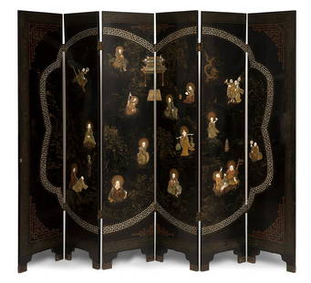 Screen; Chinese, 19th century. Carved and polychrome wood. Carved bone inlays.: Screen; China, 19th century. Carved and polychrome wood. Inlaid with carved bone. Sizes: 183 x 240 cm. The set presents scenes of the Chinese imperial court elaborated with gilded oil paint and