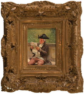 LUIS JIMÃ‰NEZ ARANDA (Seville, 1845 â€“ Pontoise, France, 1928). "Gentleman reading". Oil on board.: LUIS JIMÃ‰NEZ ARANDA (Seville, 1845 - Pontoise, France, 1928). "Gentleman Reading". Oil on panel. With information label on the back. Signed and dedicated in the lower right area. Measurements: 15