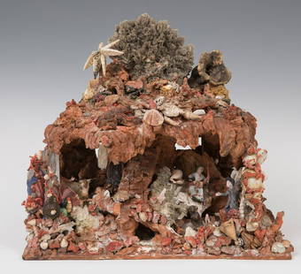 Belen; Following models of the XIX century, Trapani; twentieth century. Terracotta, coral, shells,: Bethlehem; Following 19th century models, Trapani; 20th century. Terracotta, coral, shells, glass beads and quartz. It presents faults and flaws. Measurements: 43 x 45 x 35 cm. The city of Trapani