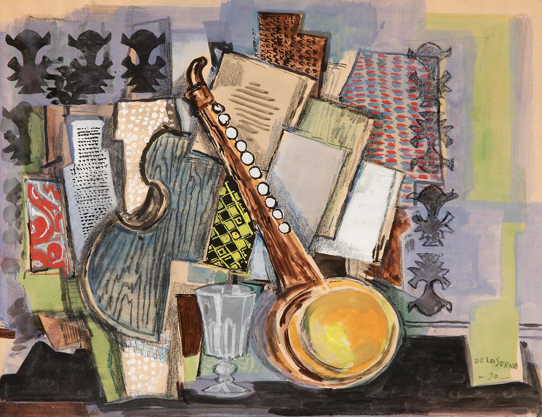ISMAEL DE LA SERNA (Guadix, Granada, 1898- Paris, 1968). â€œSTILL LIFE WITH SITARâ€, 1930.: ISMAEL DE LA SERNA (Guadix, Granada, 1898- Paris, 1968). "STILL LIFE WITH SITAR", 1930. Watercolour on cardboard. Signed and dated in the lower right-hand corner. Size: 48 x 63,5 cm; 79 x 93 cm (frame