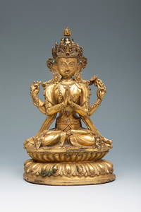 Bodhisattva; Beijing or Tibet. Ming dynasty. S. XV-XVI.  Gilt and chiselled bronze inlaid with