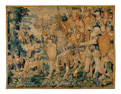 Aubusson tapestry. France, 17th century. "The Conquest of America". The border is missing and has: Aubusson tapestry. France, 17th century. "The Conquest of America". The border is missing and has old restorations. It needs restoration due to holes in the fabric. Measurements: 222 x 295 cm. The