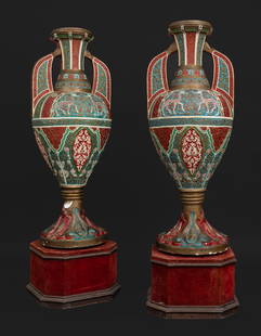 Alhambra vases; Granada, end of the 19th century. Polychrome plaster. Preserves old fabric base.: Vases from the Alhambra; Granada, late 19th century. Polychrome plaster. Preserves old cloth base. They have faults and restorations. Measurements: 130 x 50 cm (vase, x2); 31 x 46 cm (base, x2). Pair