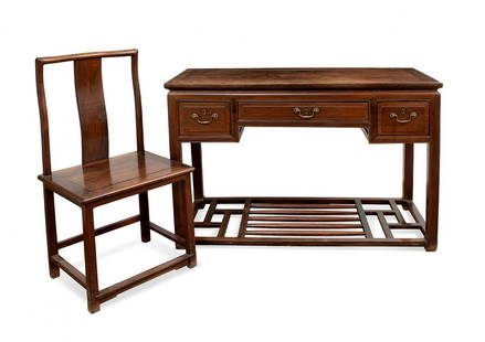 Set of desk and chair. China, 19th century. Tropical wood.: Set of desk and chair. China, 19th century. Tropical wood. Measurements: 88 x 125 x 55.5 cm (table); 104 x 52 x 41.5 cm (chair). This set consists of a chair with a prismatic seat, typical of Chinese