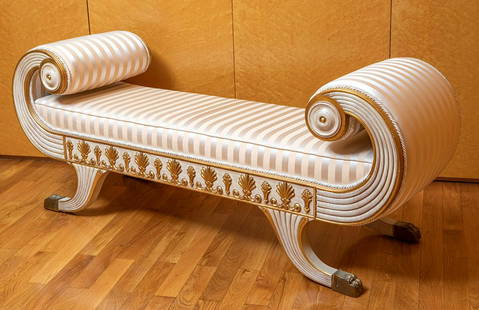 French Empire style bench. Spain, 90s. Carved and polychrome wood.: Empire style stool. Spain, 1990s. Carved and polychrome wood. Measurements: 60 x 145 x 45 cm. Empire style stool made of carved and polychrome wood. It stands on four curved legs, with gilded