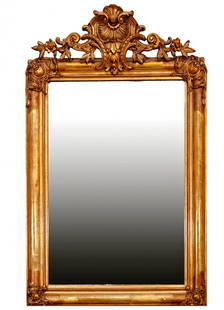 Elizabethan mirror. Spain, ca. 1850. Carved and gilded wood with gold leaf.: Elizabethan mirror. Spain, ca. 1850. Carved and gilded wood with gold leaf. Measurements: 120 x 80 cm. Elizabethan mirror with a rectangular wooden structure, decorated with rococo motifs in relief