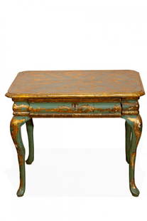 Sewing table type; late nineteenth century. Walnut wood. Some paint flaws.: Sewing table; late 19th century. Walnut wood. Some lack of paint. Measurements: 63 x 75 x 50 cm. Sewing table made of polychromed and gilded walnut wood. It has four wired legs. In the upper area the