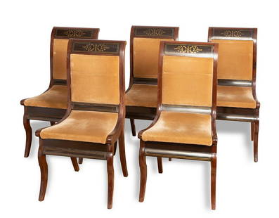 Set of five Fernandine chairs. Spain, ca.1820-1830. In mahogany wood, zinc marquetry. Use marks.: Set of five Fernandine chairs. Spain, ca.1820-1830. In mahogany wood, zinc marquetry. Use marks. Measurements: 93 x 47 x 56 cm. Fernandine period chairs, in mahogany wood. The design is based on the