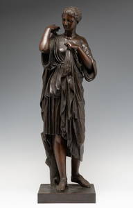 Following models of PRAXITELES. 19th century France. "Artemis of Gabios".  Patinated copper.