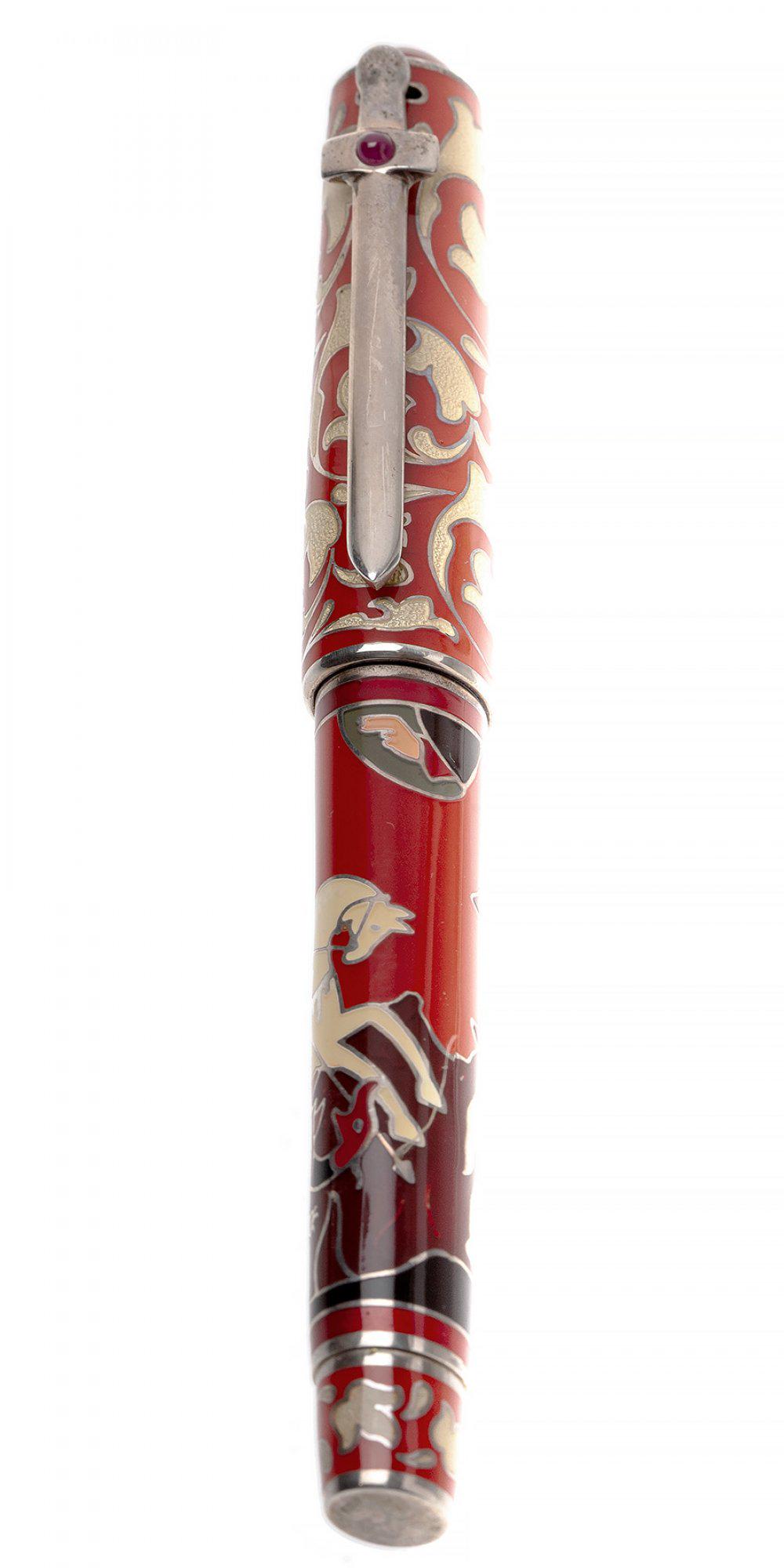 FOUNTAIN PEN OMAS ST. GEORGE FOUNTAIN PEN. Body in red resin, enamels and silver. Nib in 750 mls. (1 of 3)