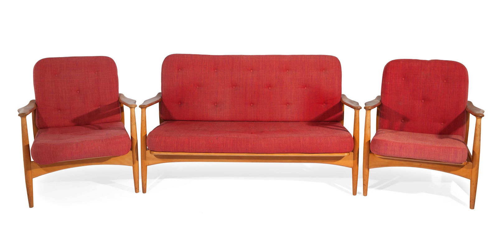 ARNE VODDER (Denmark, 1926-2009). Set of two-seater sofa and two armchairs. Frame in fruit wood.: ARNE VODDER (Denmark, 1926-2009). Set of two-seater sofa and two armchairs. Frame in fruit wood. Upholstery in red fabric. In need of refinishing and restoration. One of the buttons on the back of the