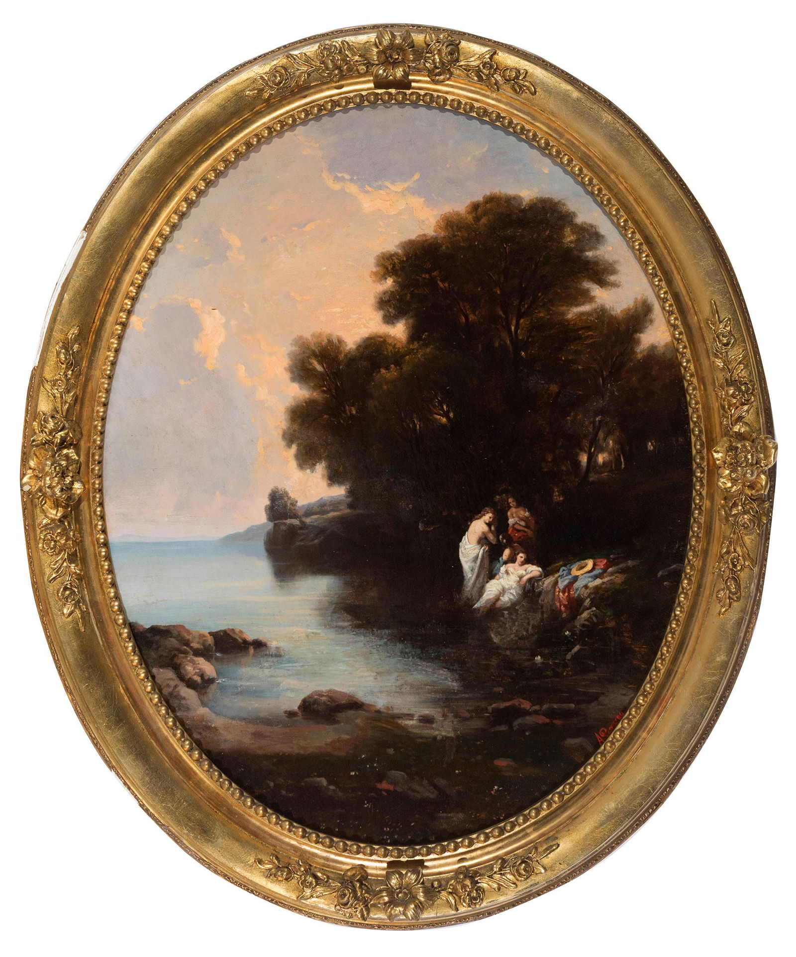 French school of the first half of the 19th century. "Lake landscape with figures".  Oil on canvas. (1 of 4)