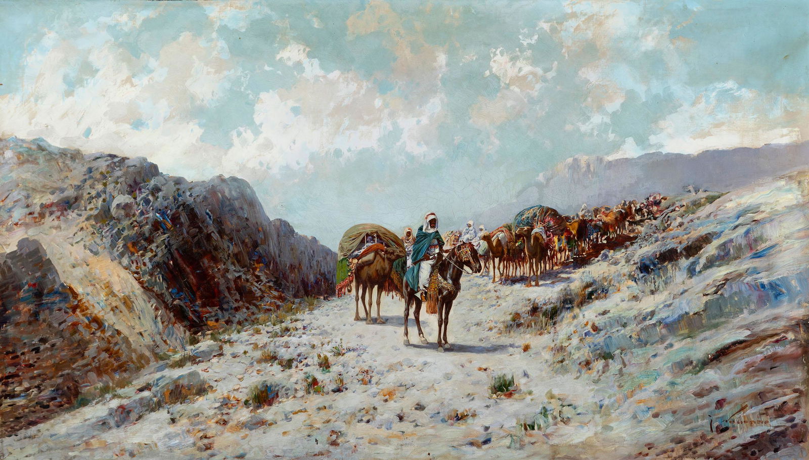 JOSÃ‰ NAVARRO LLORENS (Valencia, 1867 - 1923). "Arab caravan". Oil on canvas. Signed in the lower (1 of 6)