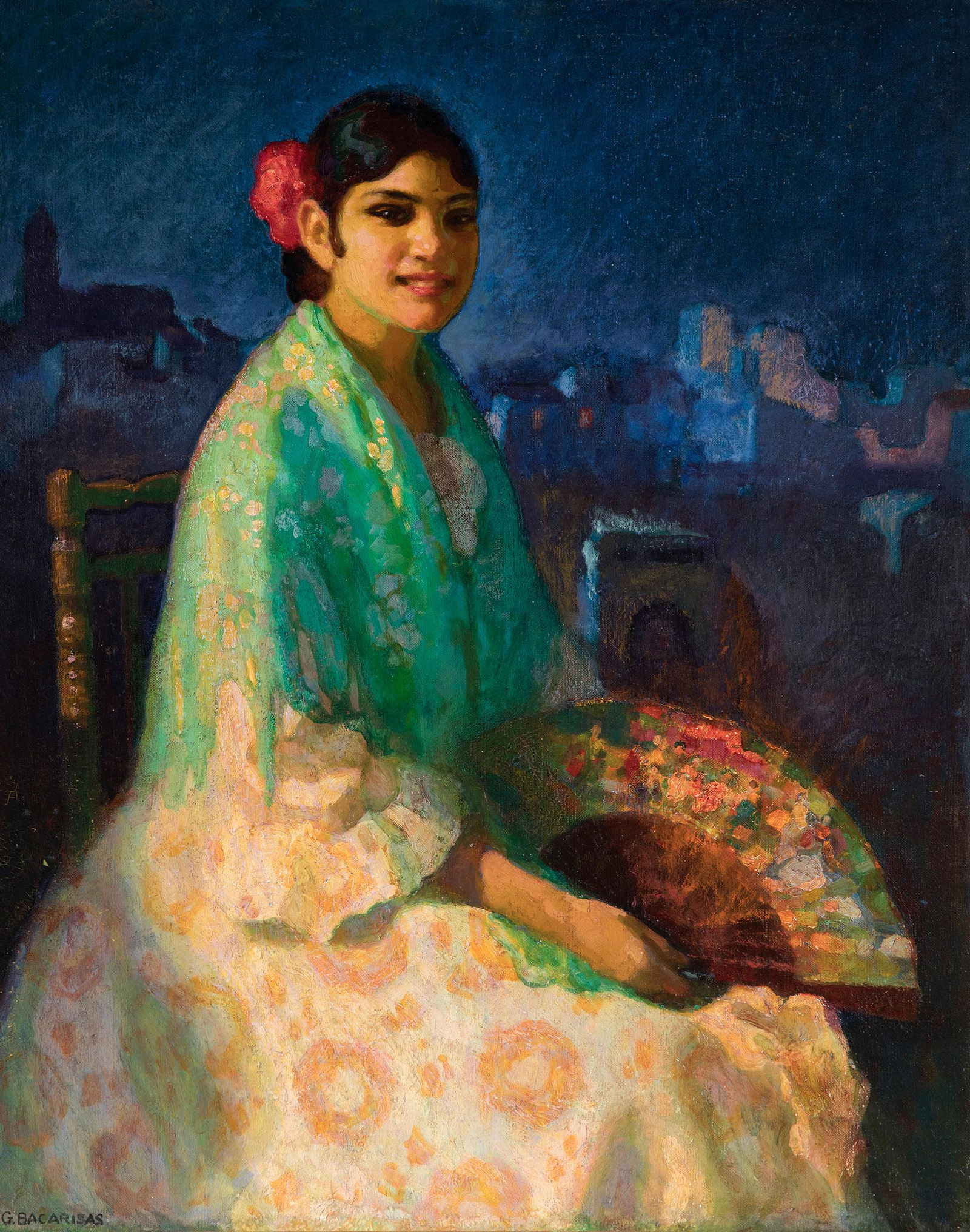 GUSTAVO BACARISAS (Gibraltar, 1873 â€“ Seville, 1971). â€œLady with a fan in the AlbaicÃ­nâ€, 1922. (1 of 7)