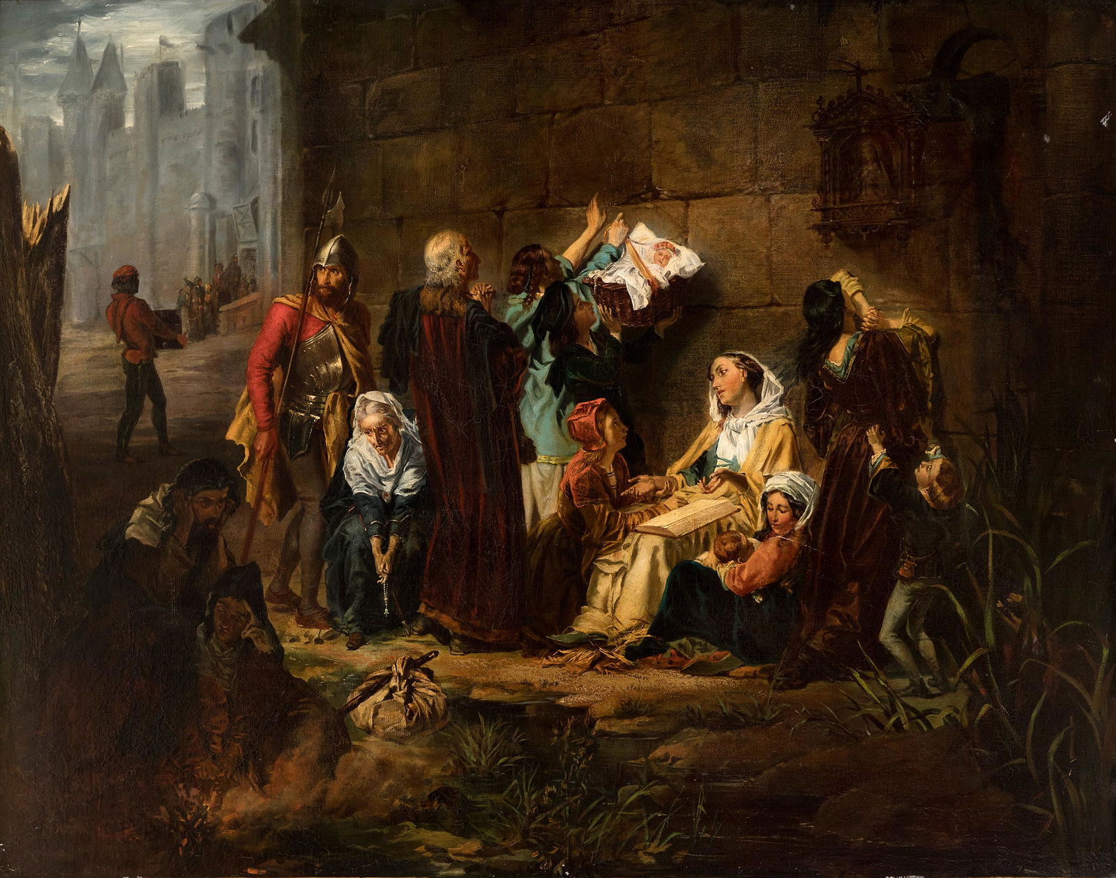 19th century Spanish school.  "Prayer on the wall".  Oil on canvas. (1 of 3)