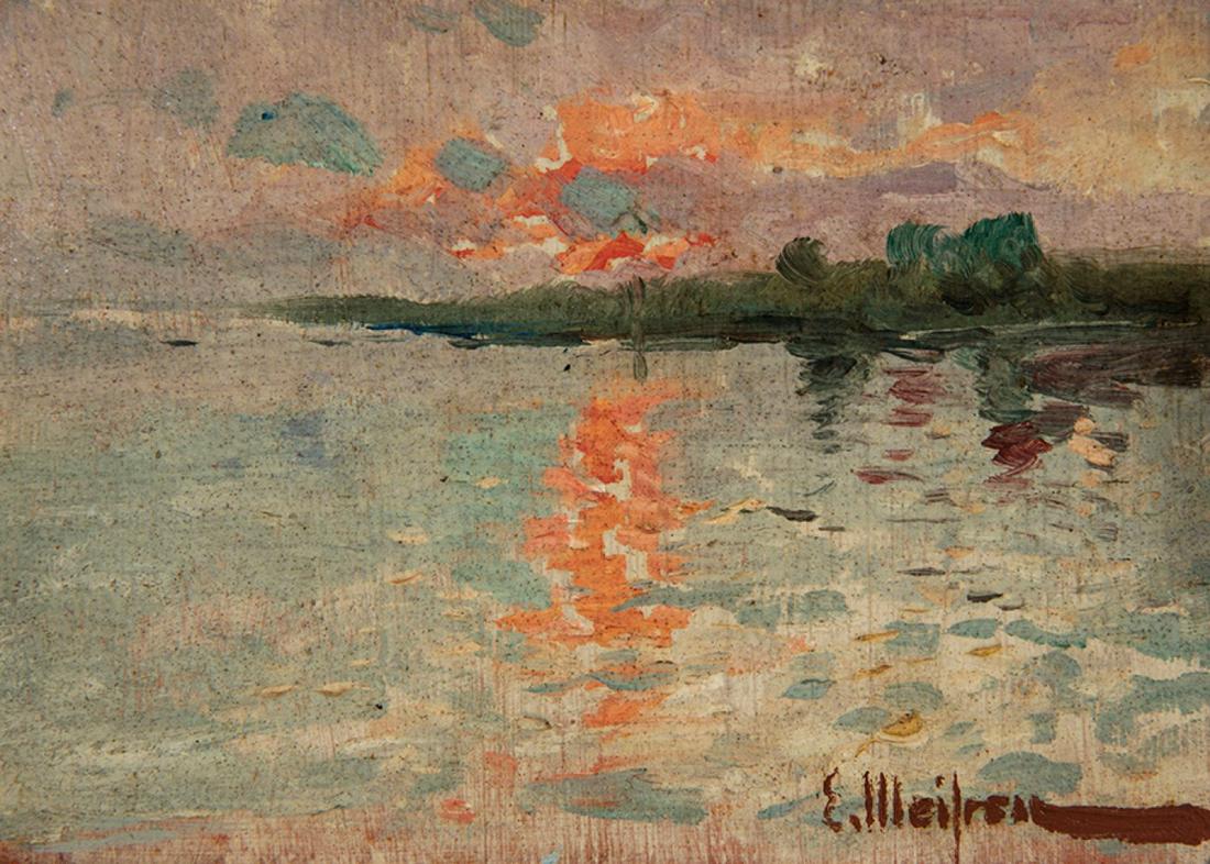 ELISEO MEIFREN ROIG (Barcelona,   1857 â€“ 1940). "Sunset". Oil on board. Signed in the lower right (1 of 4)