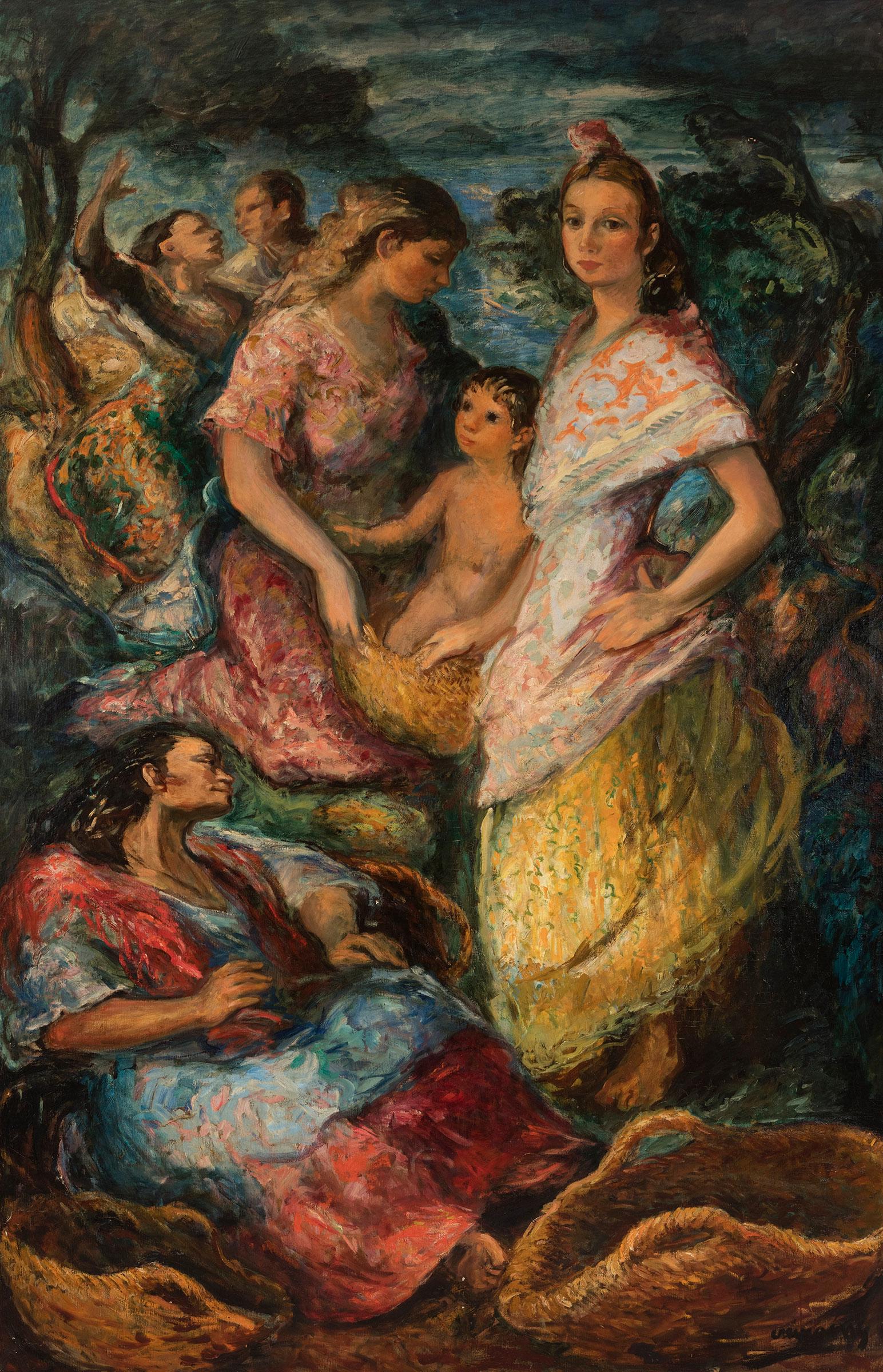 PERE CRÃ‰IXAMS PICÃ“ (Barcelona, 1893 - 1965). "Gypsy family". Oil on canvas. Signed in the lower (1 of 6)