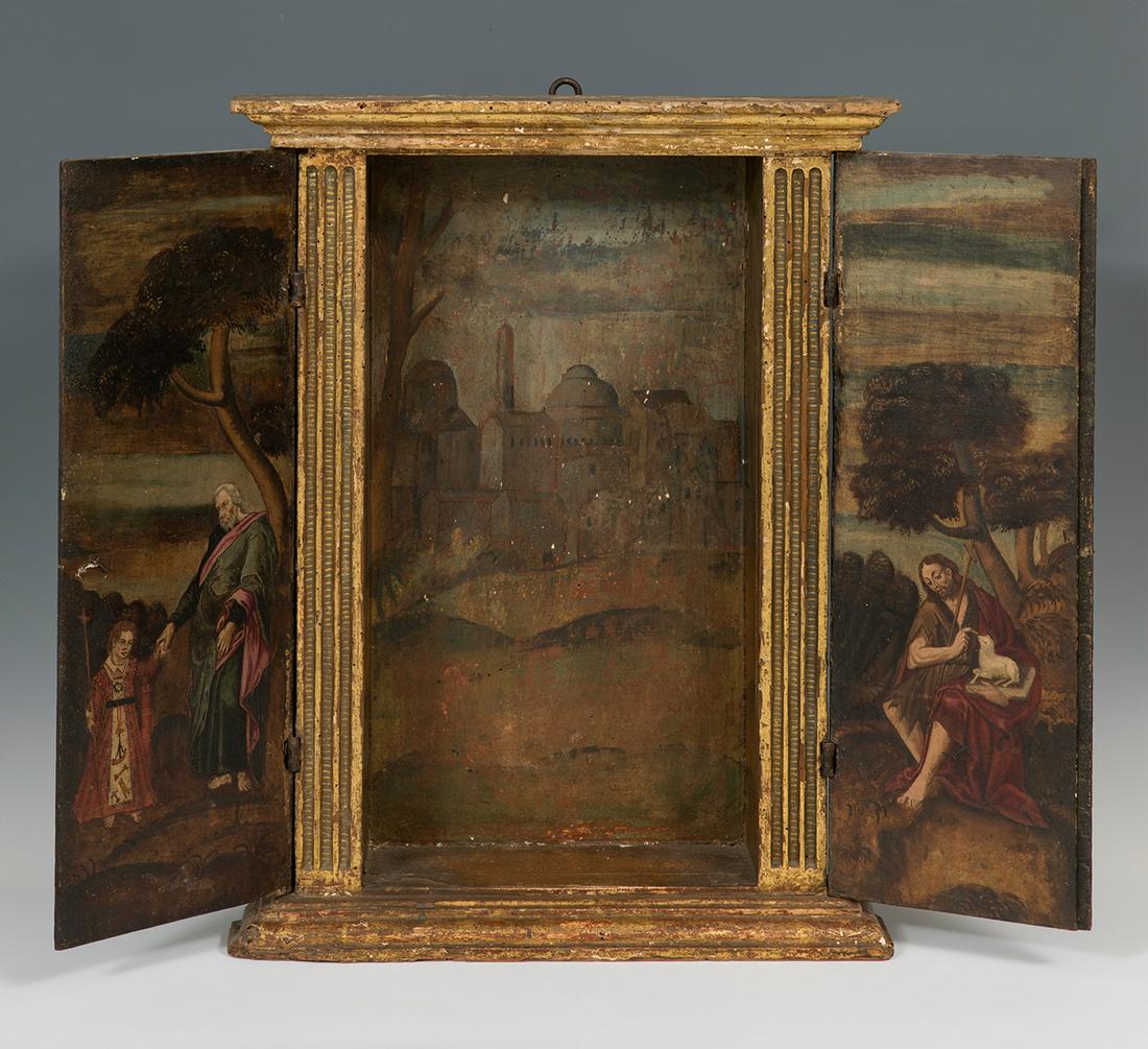 Spanish School, ca.1600. "The Passion Child, Saint Joseph and John the Baptist". Chapel triptych. (1 of 7)