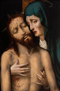 Workshop of LUIS DE MORALES "The Divine†(Badajoz, 1509 - Alcántara, 1586). "Piety". Oil on: Workshop of LUIS DE MORALES "El divino" (Badajoz, 1509 - Alcántara, 1586). "Pietà ". Oil on panel. Size: 44 x 30 cm; 51 x 38 cm (frame). The Virgin Mary embraces the inert body of Jesus, with a s
