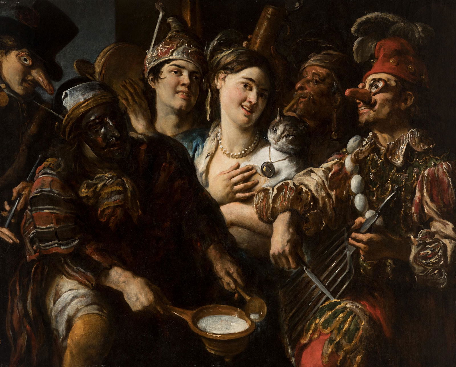 Flemish or Italian Master; mid 17th century. "Scene of the Comedy dell'Arte". Oil on canvas. (1 of 7)