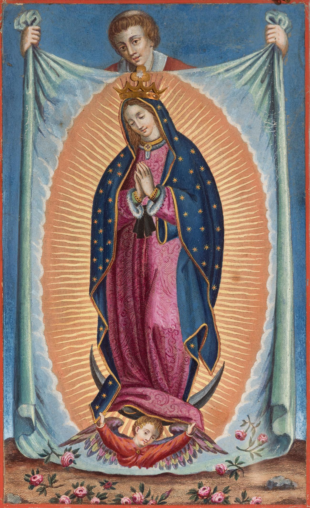 Mexican Novo-Hispanic school of the 18th century. "Virgin of Guadalupe". Gouache on paper. Metallic (1 of 3)