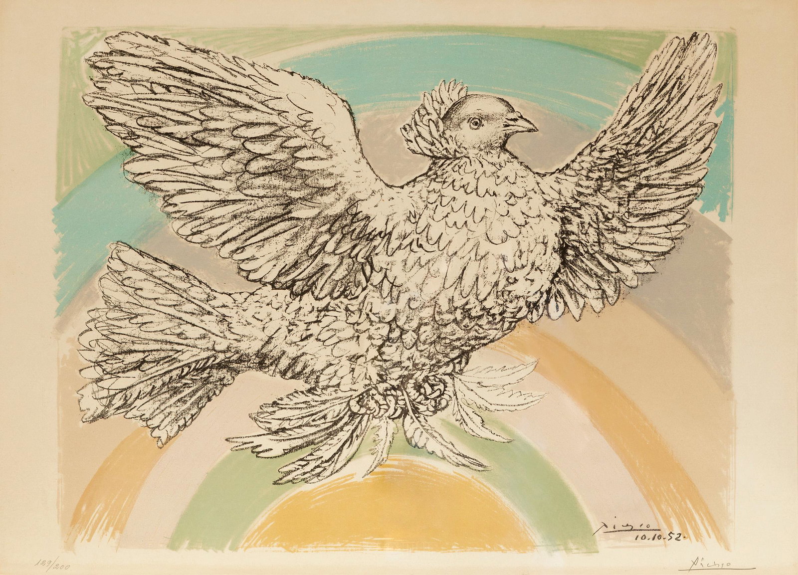 PABLO PICASSO (Malaga, 1881 - Mougins, France, 1973). "Colombe volant Ã  l'Arc-en-ciel", 1952. (1 of 4)