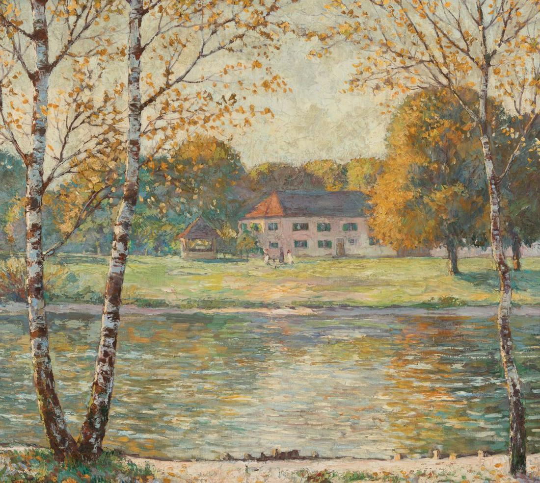 FRITZ OSSWALD (Switzerland, 1878-1966). "Landscape with a House by the River". Oil on canvas.: FRITZ OSSWALD (Switzerland, 1878-1966). "Landscape with a House by the River". Oil on canvas. Signed. Size: 85 x 95,5 cm; 102 x 112,5 cm (frame). Son of the sculptor Albert Osswald, Fritz Osswald spen