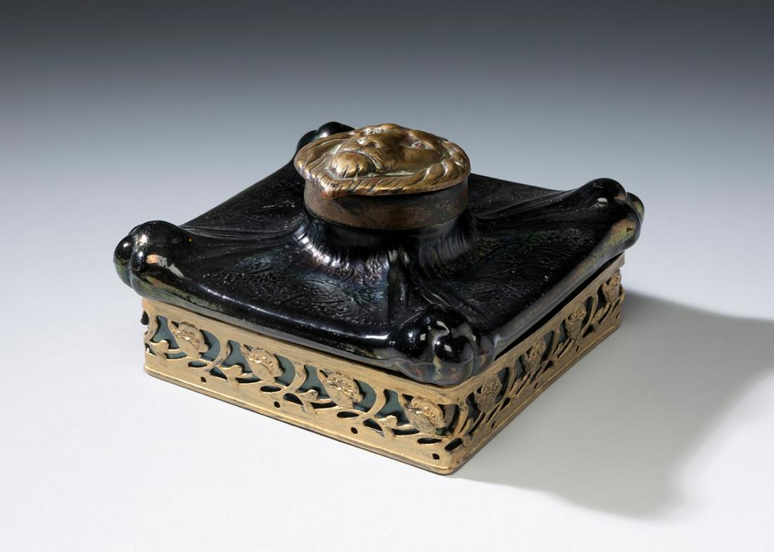 LOETZ Jugendstil inkwell; Austria, ca. 1905. Iridescent blown glass. An iridescent blown glass (1 of 4)