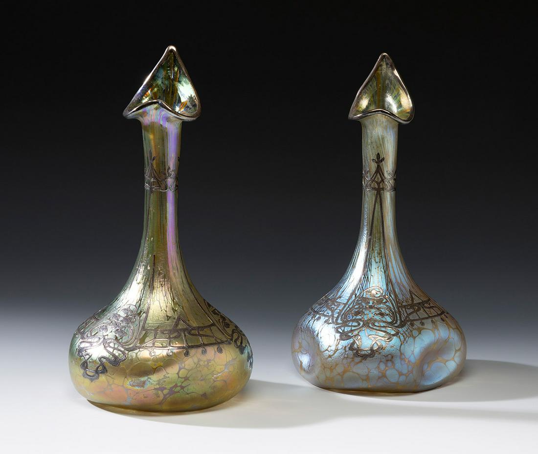 Pair of Jugendstil LOETZ vases; Austria, ca. 1895. Iridescent blown glass. Pair of iridescent blown (1 of 5)