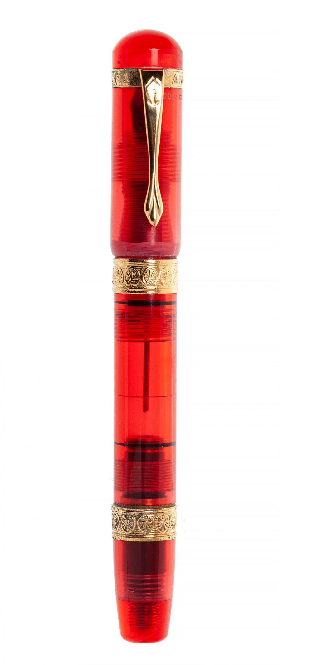 ANCORA DEMONSTRATOR FIRE FOUNTAIN PEN. Body in red ebonite and details in 18kt yellow gold. Limited (1 of 3)