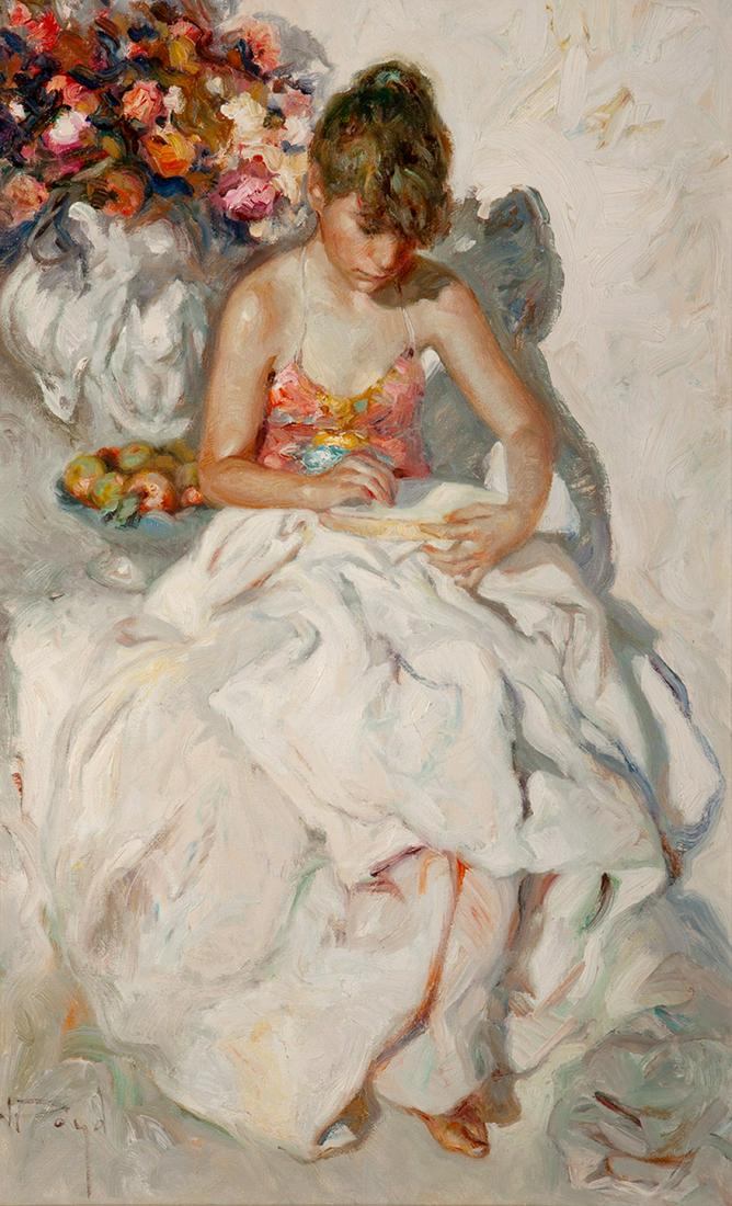 JOSÃ‰ ROYO (Valencia, 1945). "Young embroidering". Oil on canvas. Signed in the lower left corner. (1 of 5)