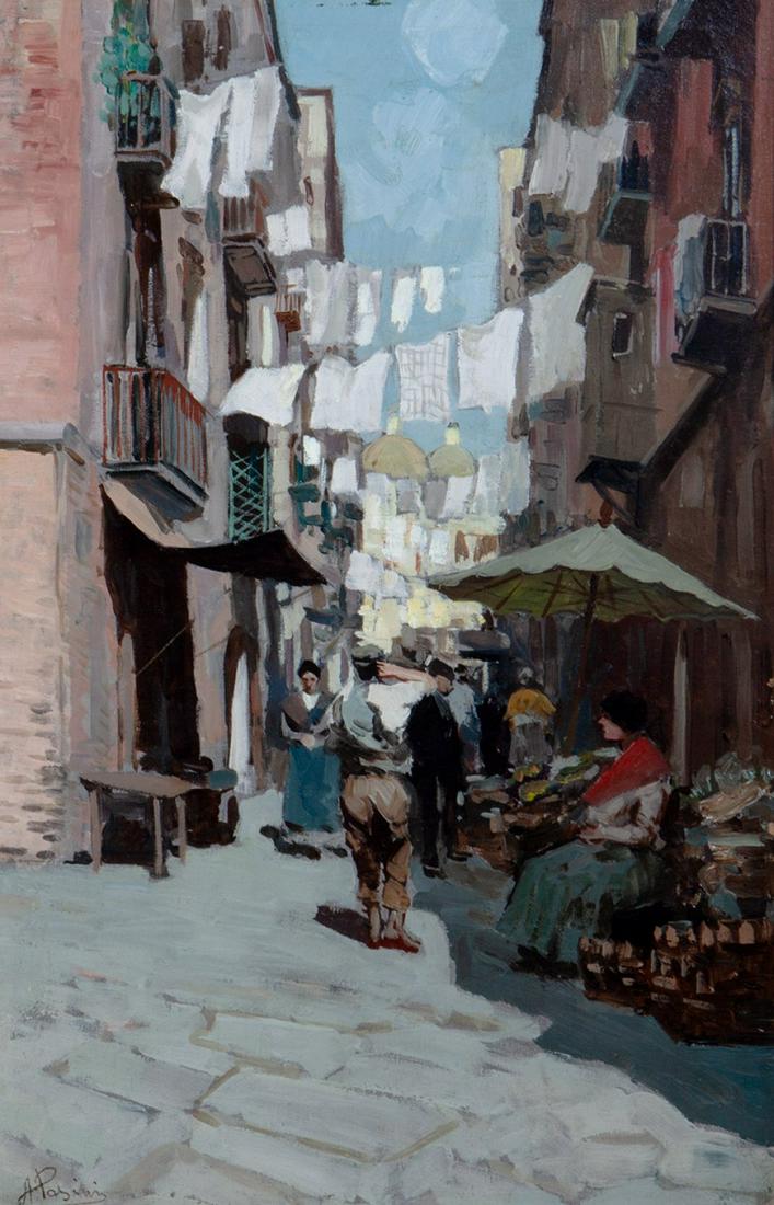 ALBERTO PASINI (1826, Busseto - 1899, Cavoretto). "Jumble sale". Oil on canvas. Signed in the lower: ALBERTO PASINI (1826, Busseto - 1899, Cavoretto). "Street market". Oil on canvas. Signed in the lower right corner. Size: 44 x 29 cm, 67 x 52 cm (frame). Alberto Pasini was an Italian painter. He is b