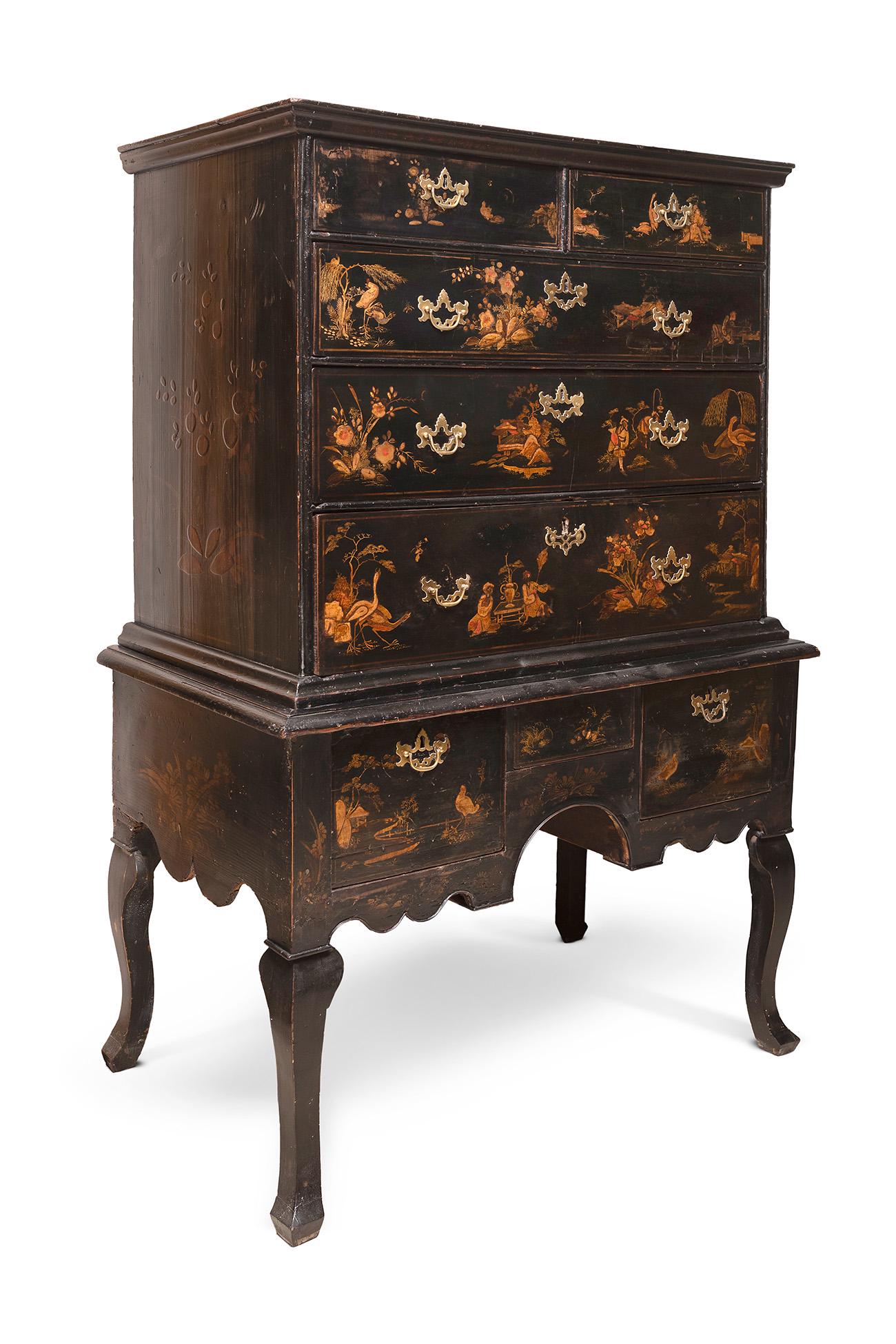 Queen Anne "Chest on stand". England, ca. 1710. Japanese lacquered wood. Oak and pine case. Two (1 of 6)
