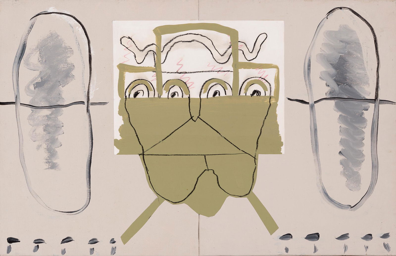 LUIS GORDILLO (Seville, 1934) "Four eyes", 1990. Mixed technique on canvas. Signed, dated, and: LUIS GORDILLO (Seville, 1934) "Four eyes", 1990. Mixed media on canvas. Signed, dated and titled on the back. Size: 35 x 54 cm; 40 x 59 cm (frame). This work was conceived by the artist at a time when