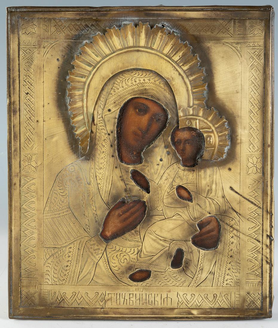 Russian school, ca. 1900. "Mother of God Tikhvinskaya".   Painting on wood. Oklad of gilded brass. (1 of 3)