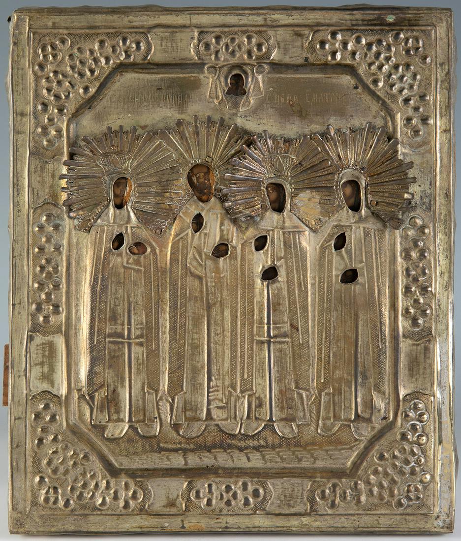 Russian icon from the late 18th, early 19th century. "Four Chosen Saints". Painting on wood. Oklad (1 of 3)
