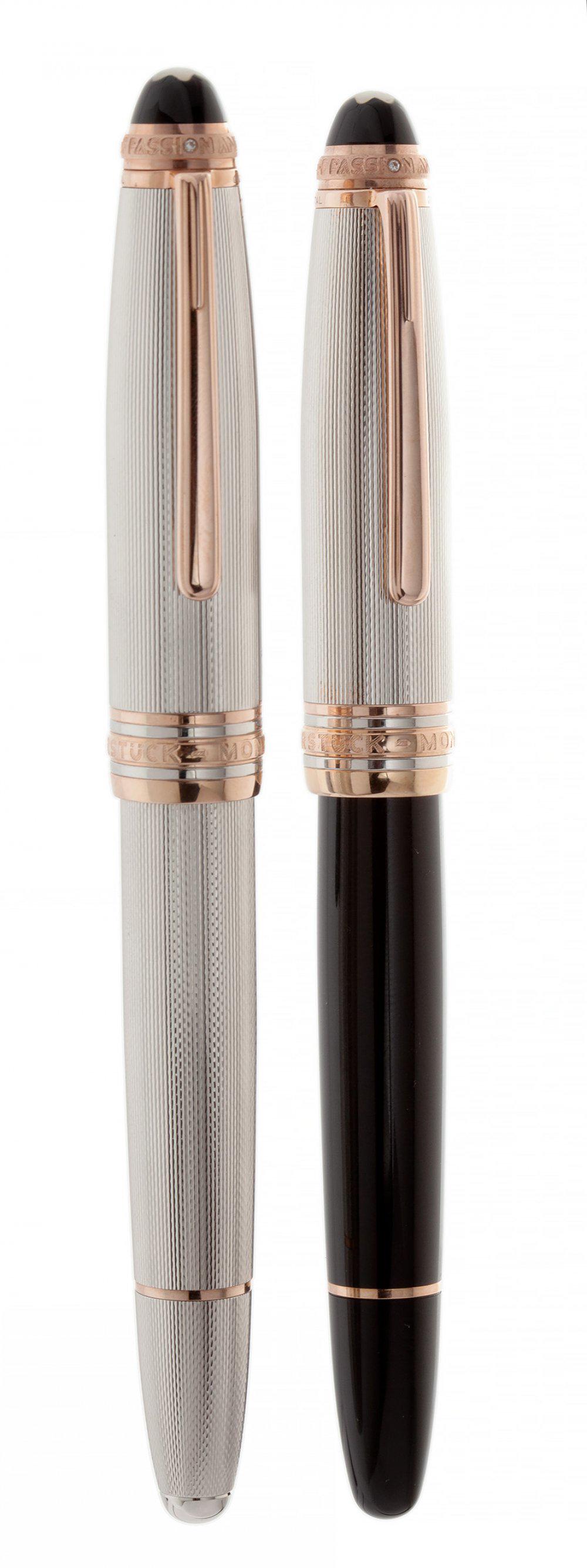 MONTBLANC MEISTERSTÃœK FOUNTAIN PENS. Sterling silver body with rose gold and black resin details. (1 of 3)