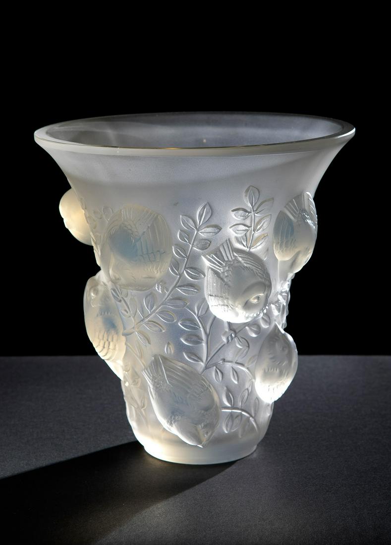RENÃ‰ LALIQUE (Ay, France, 1860- Paris, 1945). Art Deco vase "Saint FranÃ§ois". France, ca. 1935.: RENÃ‰ LALIQUE (Ay, France, 1860- Paris, 1945). Art Deco vase "Saint FranÃ§ois". France, ca. 1935. Moulded opalescent glass, acid-etched with bird and plant decoration. Signed on the base R. Laliq