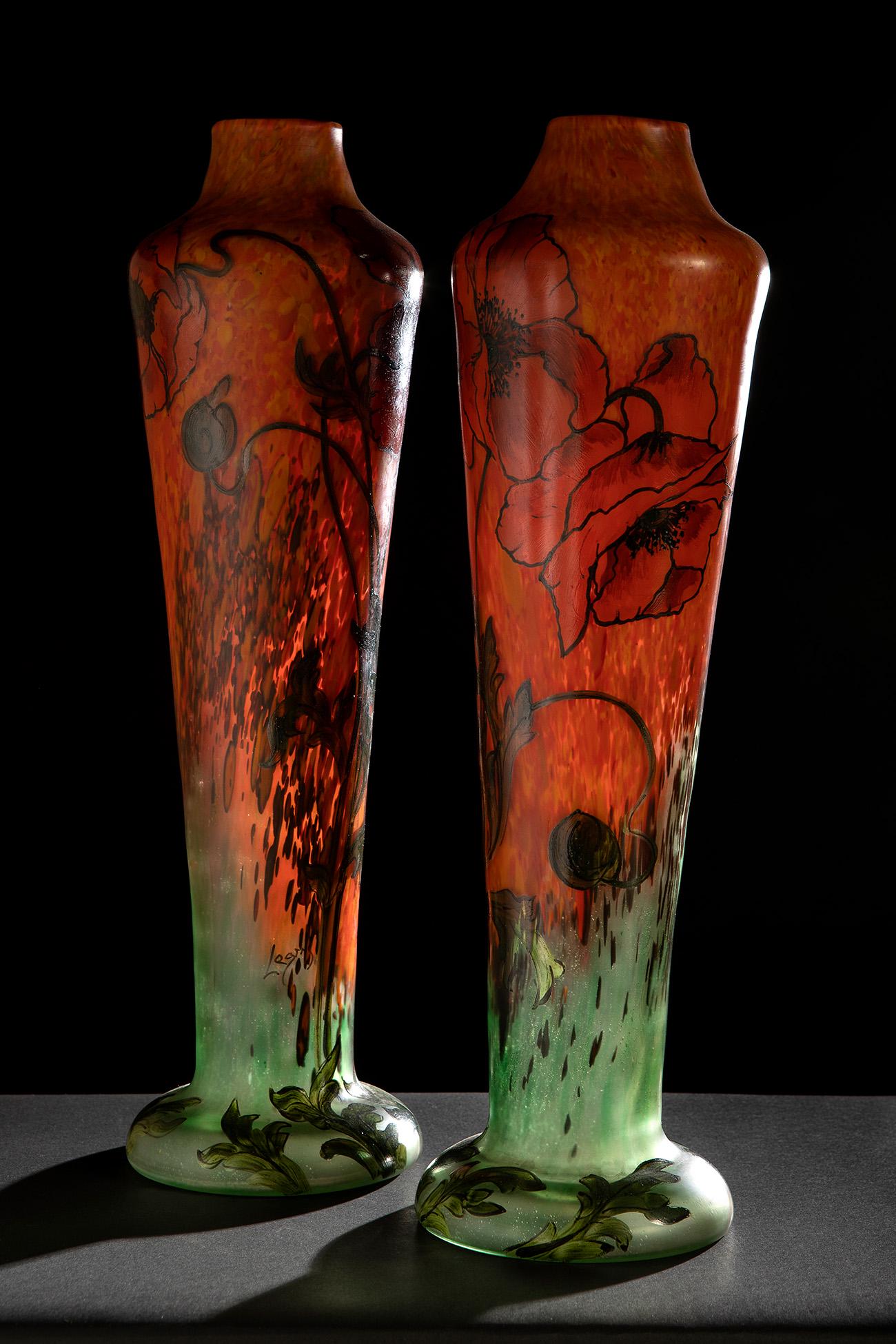 FRANÃ‡OIS THEODORE LEGRAS. France, ca. 1910. Pair of Art Nouveau vases. Blown glass in various (1 of 5)
