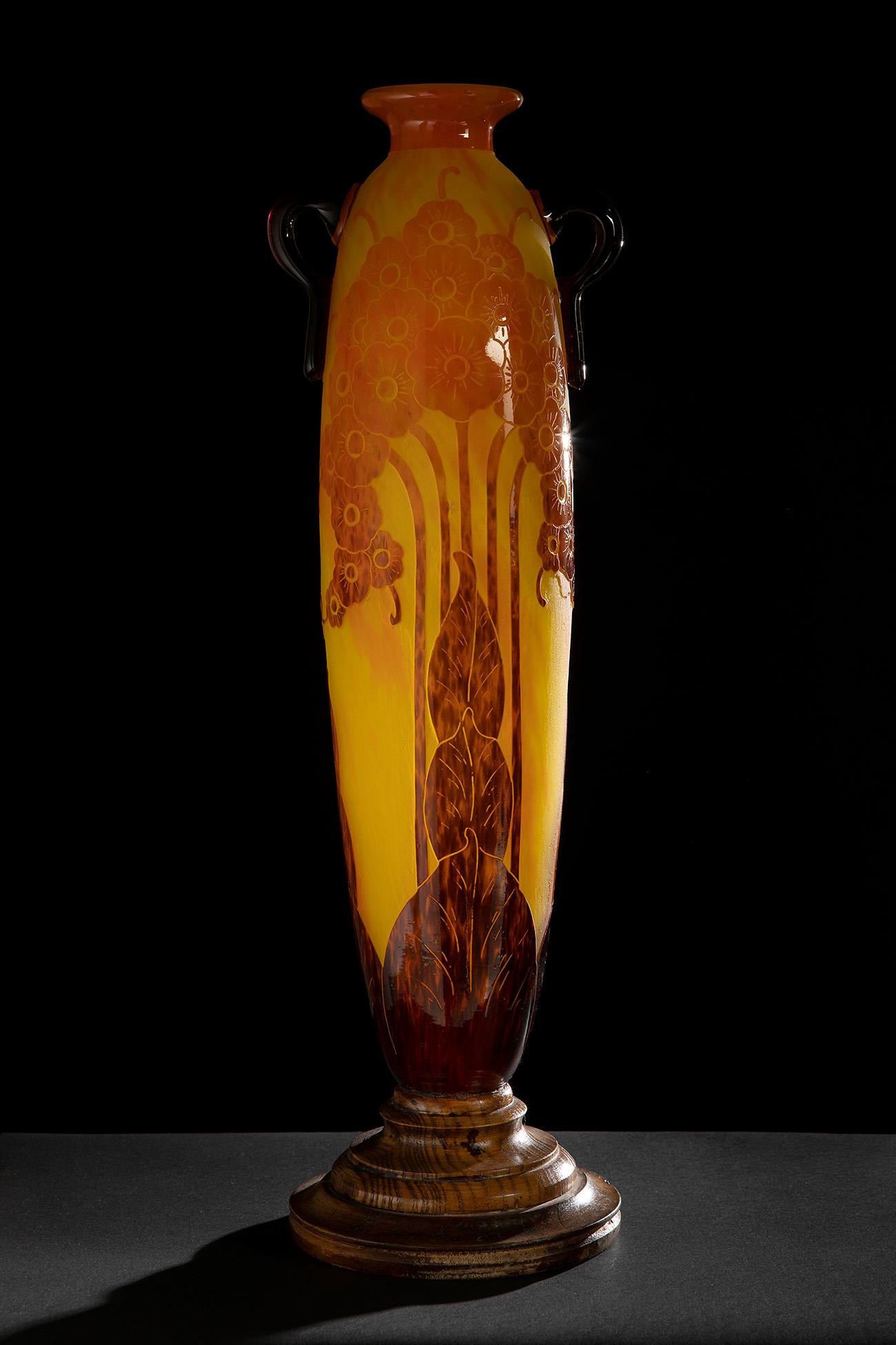 SCHNEIDER-LE VERRE FRANÃ‡AIS. France, first half of the 20th century. Art Deco vase "Glycines",: SCHNEIDER-LE VERRE FRANÃ‡AIS. France, first half of the 20th century. Art Deco vase "Glycines", ca.1927. Acid-etched glass. Circular wooden base. Similar works are published in the book "Charles Sc
