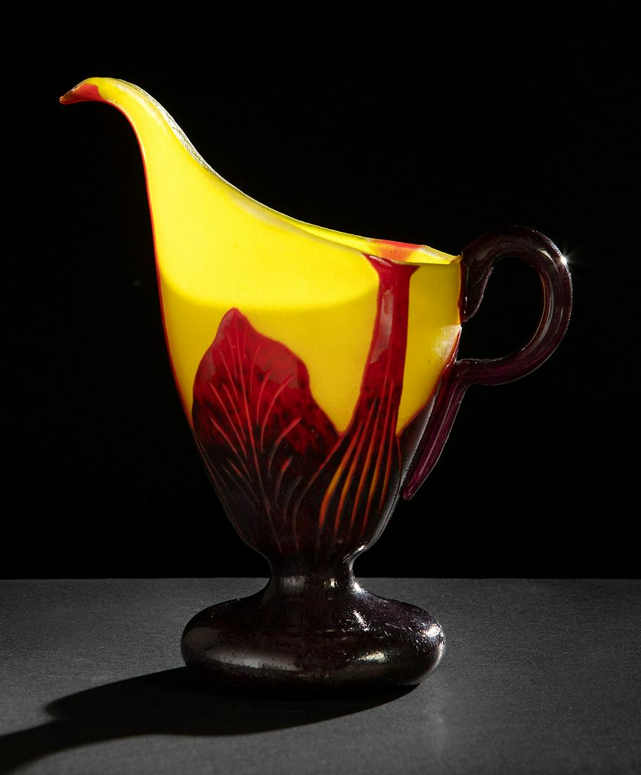 LE VERRE FRANÃ‡AIS. France, ca. 1923. Feuilles de Tabac" decanter. Multi-layered glass, acid etched.: LE VERRE FRANÃ‡AIS. France, ca. 1923. Feuilles de Tabac" decanter. Multi-layered glass, acid etched. No signature. Similar pieces are listed in "Charles Schneider, Le Verre FranÃ§ais" (2004), p.8