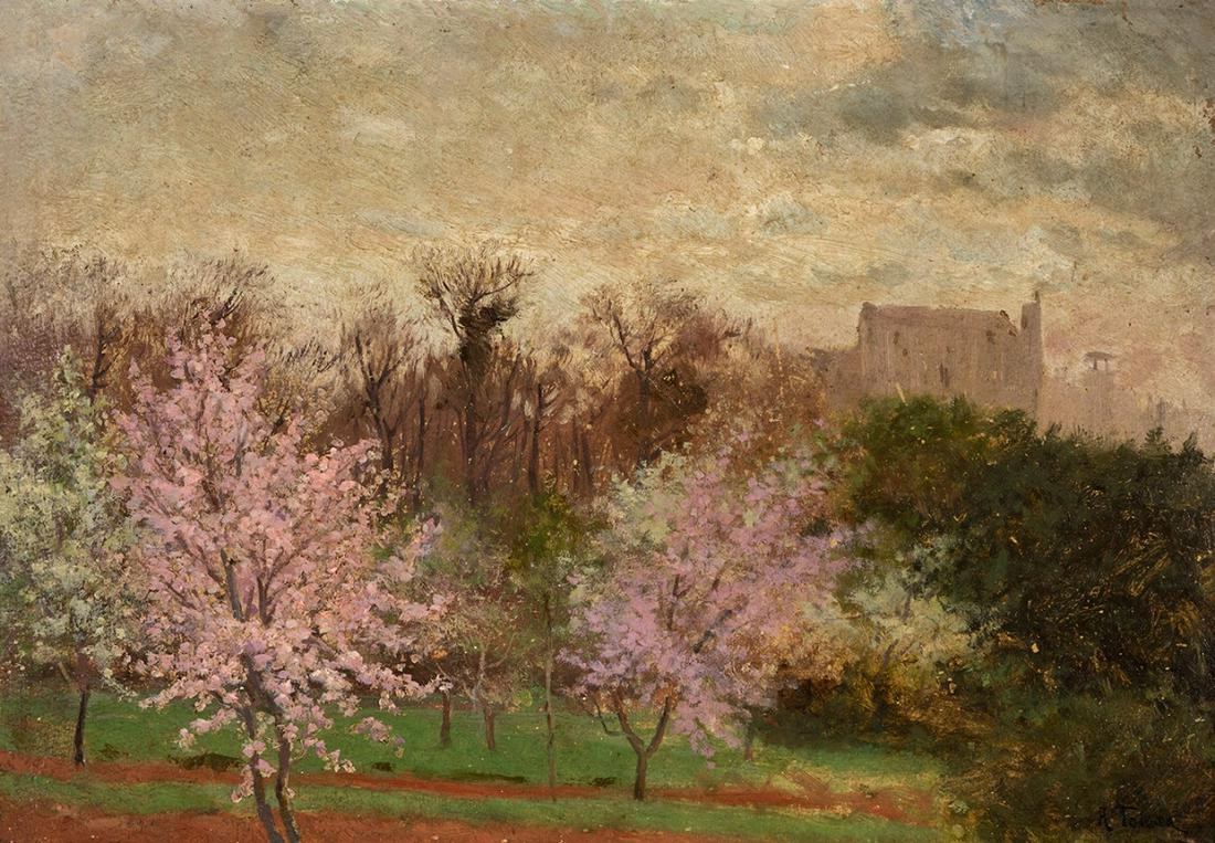 AURELI TOLOSA Y ALSINA (Barcelona, 1861 - 1938). "Landscape with almond trees in blossom".  Oil on (1 of 4)