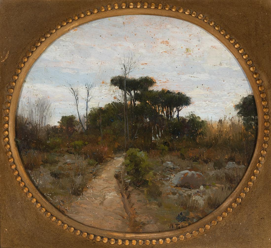 AURELI TOLOSA Y ALSINA (Barcelona, 1861 - 1938). "Landscape with road".  Oil on board of hexagonal (1 of 5)