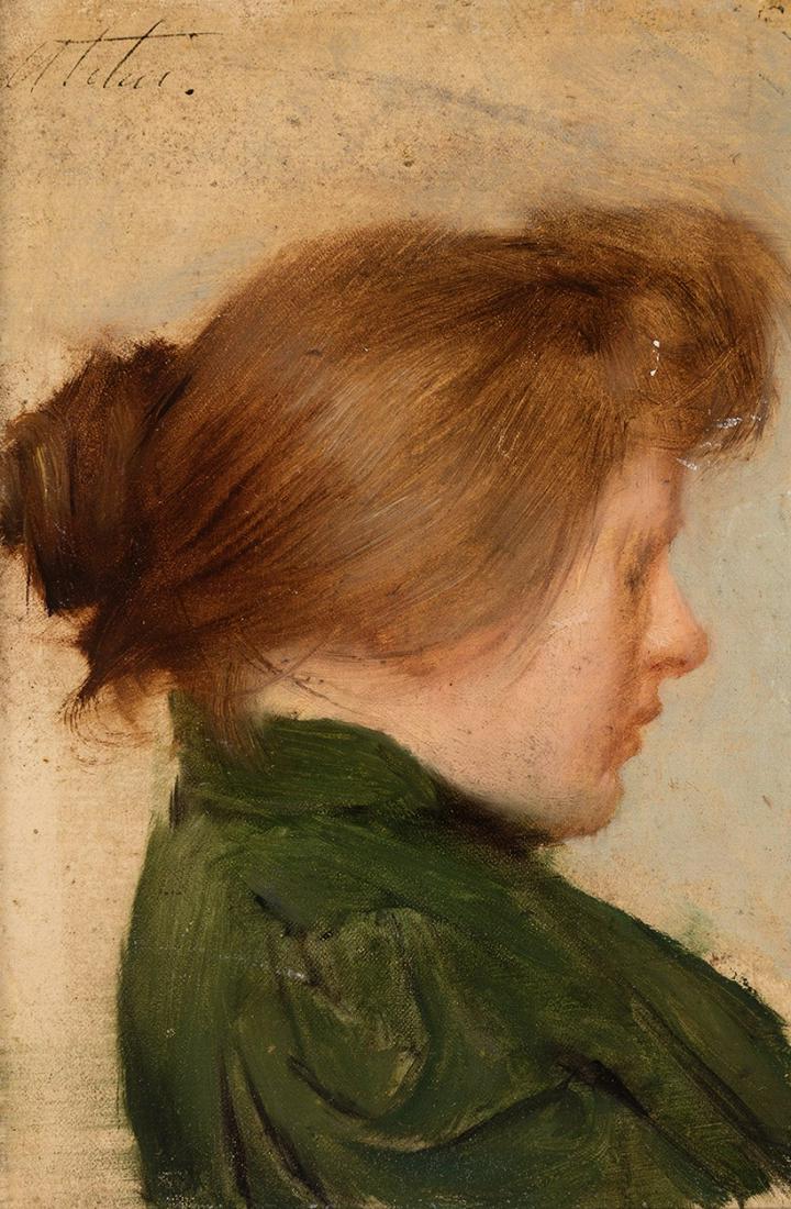 French school of the late 19th century. "Young woman in Profile".  Oil on panel.  Signed illegibly (1 of 4)