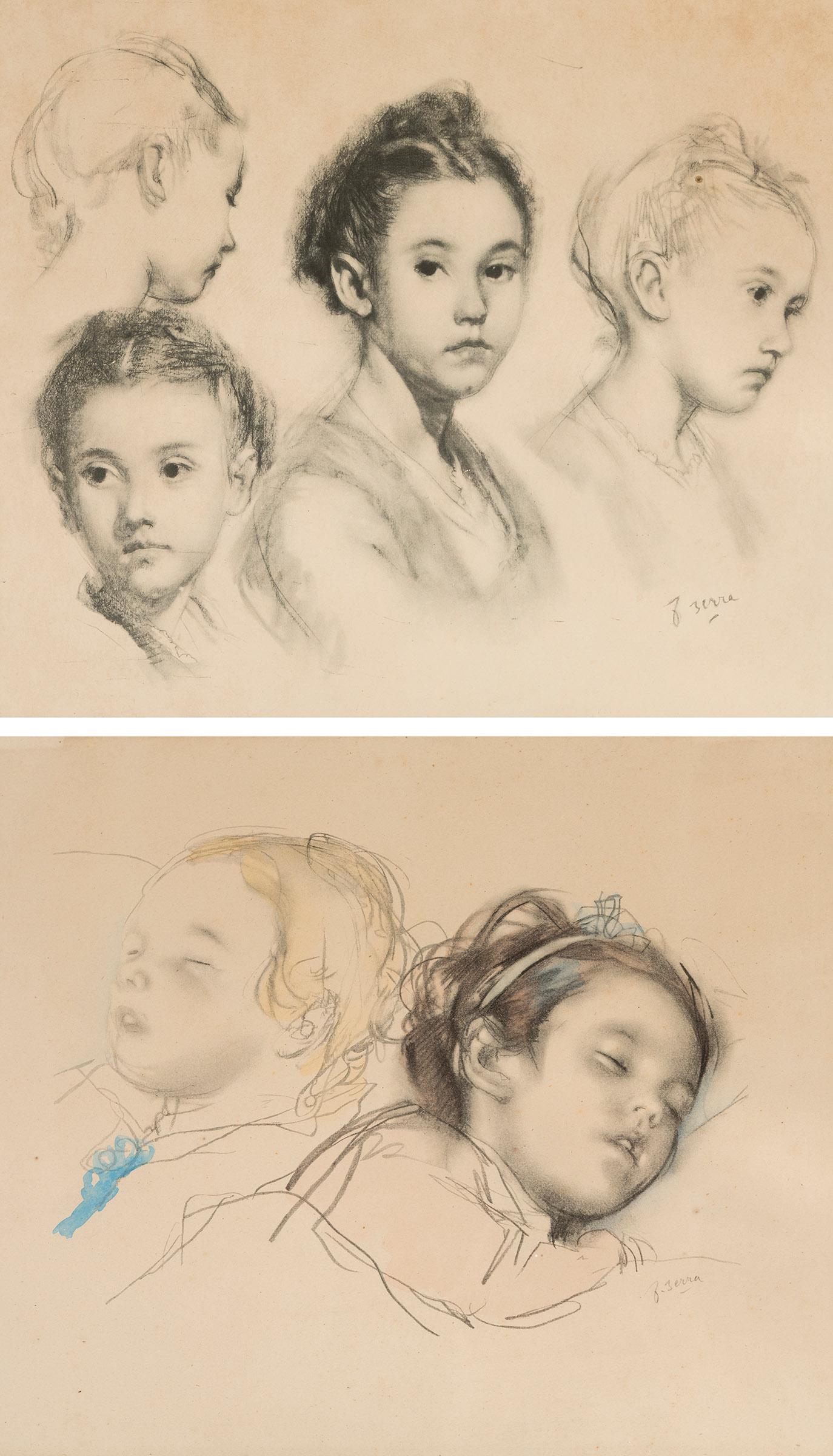 FRANCESC SERRA CASTELLET (Barcelona, 1912 - Tossa, 1976). "Girl sleeping" and "Girls". Two charcoal (1 of 5)