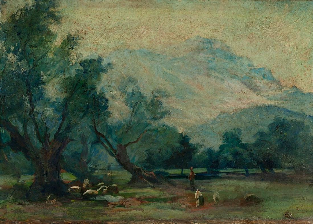 Catalan school of the late 19th century.  "Mountain landscape with figures".  Oil on canvas.  With (1 of 4)