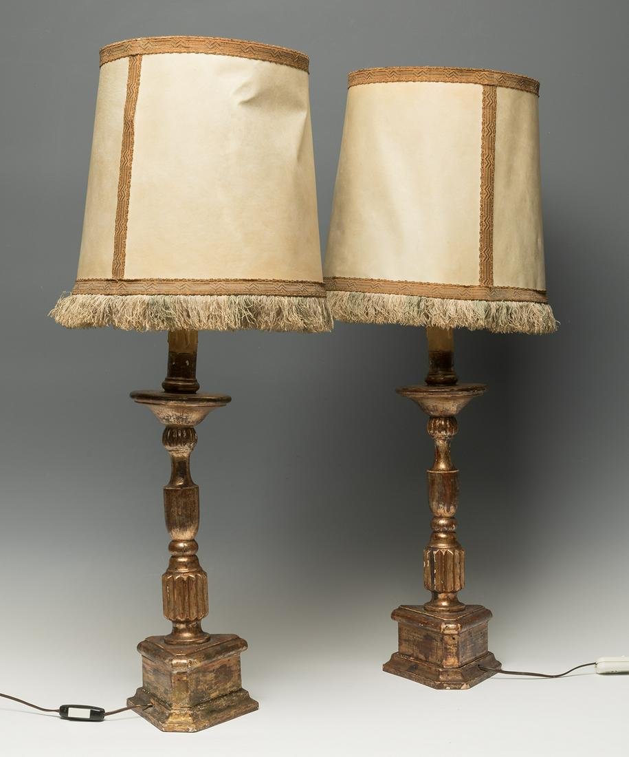 Pair of baroque style lamps, late 19th - early 20th century. Carved, polychromed and gilded wood. (1 of 3)